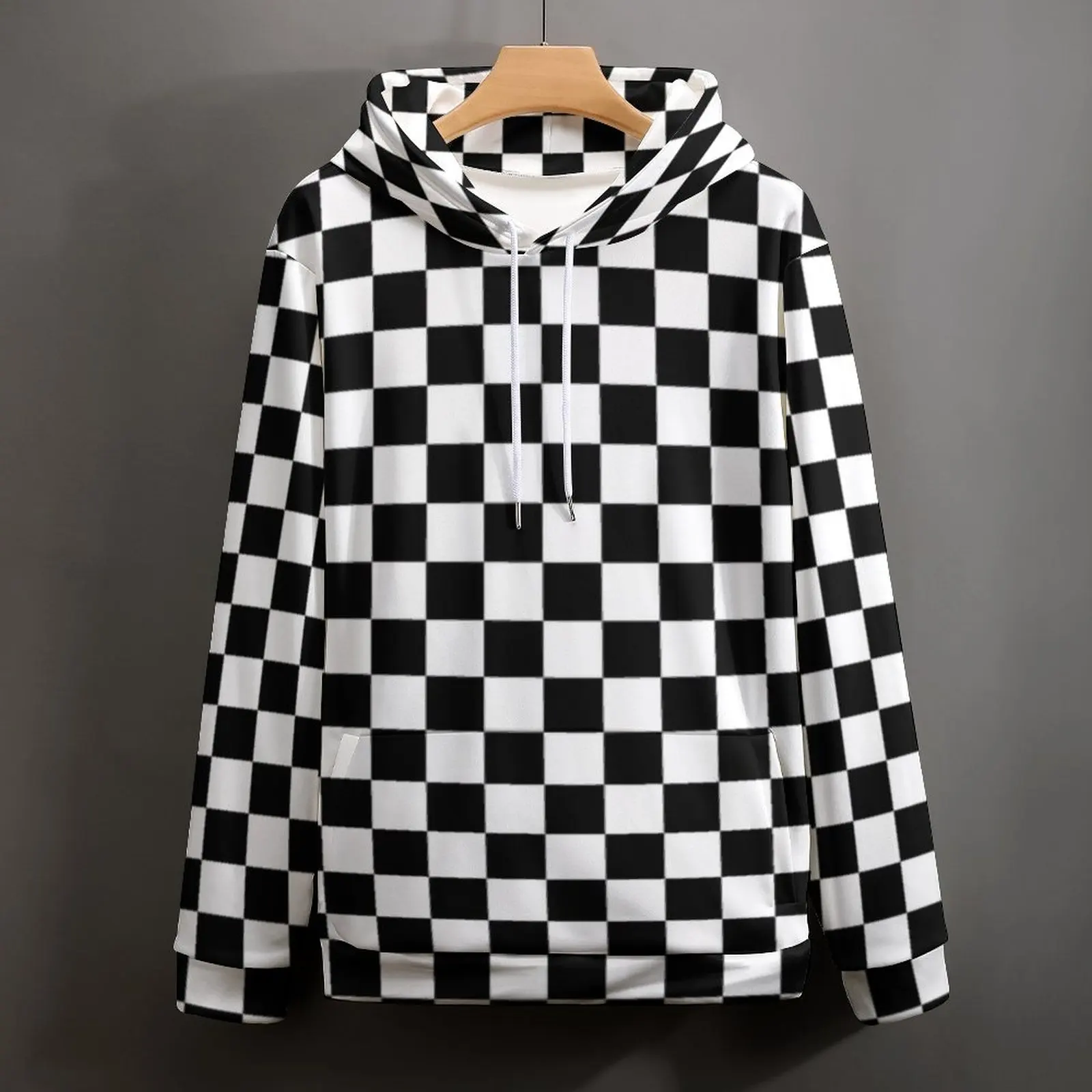 Vintage Plaid Casual Hoodies Black White Checkered Funny Hoodie Couple Long Sleeve Street Style Loose Oversize Sweatshirts