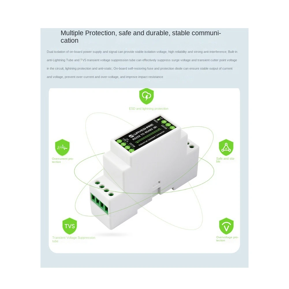 Waveshare Industrial Rail Type RS232 to RS485 Converter 300-115200Bps Active Digital Isolation Wide Voltage