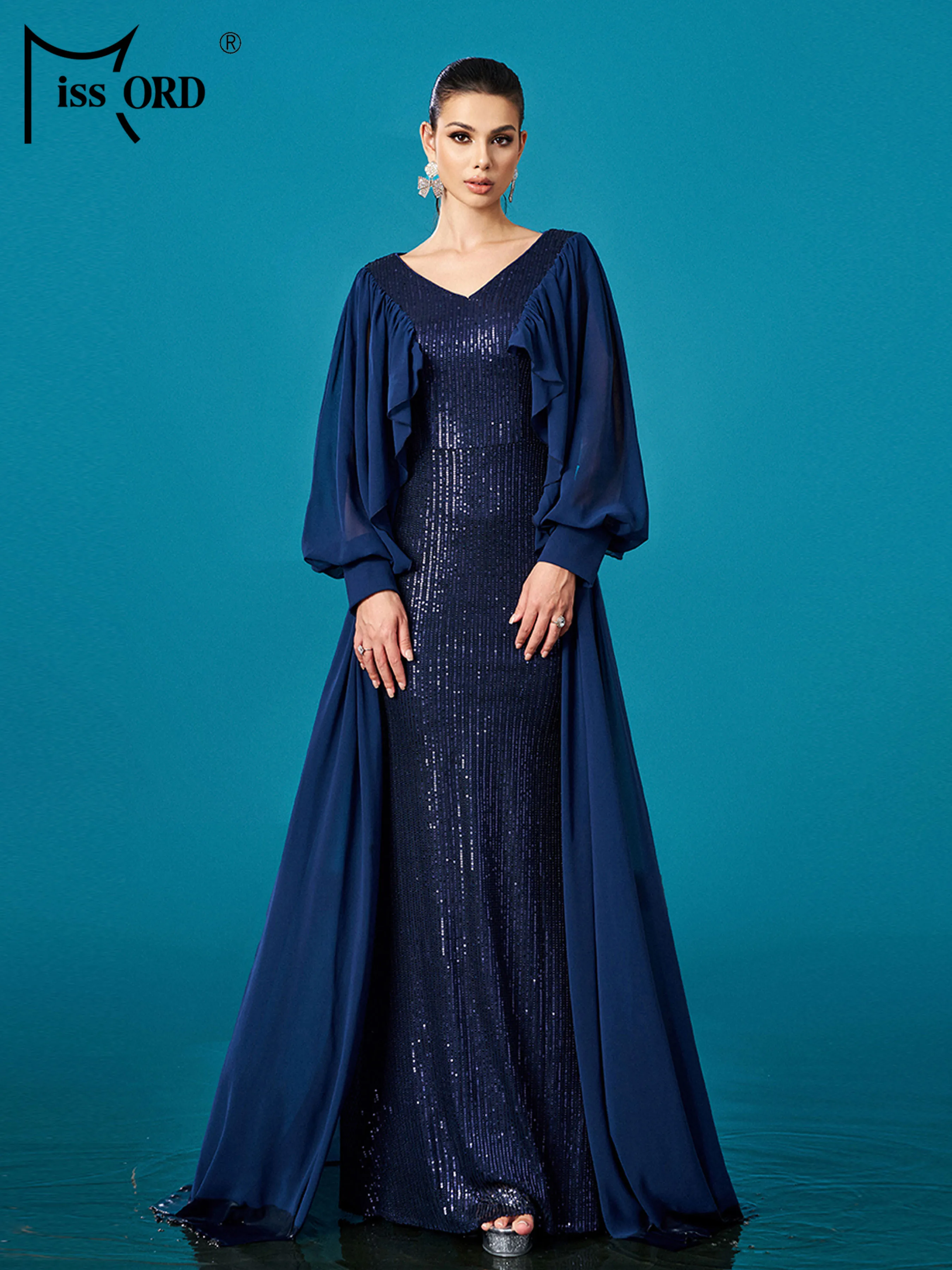 ミスオード 新作 Vネック フレア袖 スパンコール マーメイド イブニングドレス 結婚式 誕生日パーティー 高級 高品質 卒業式 マキシドレス