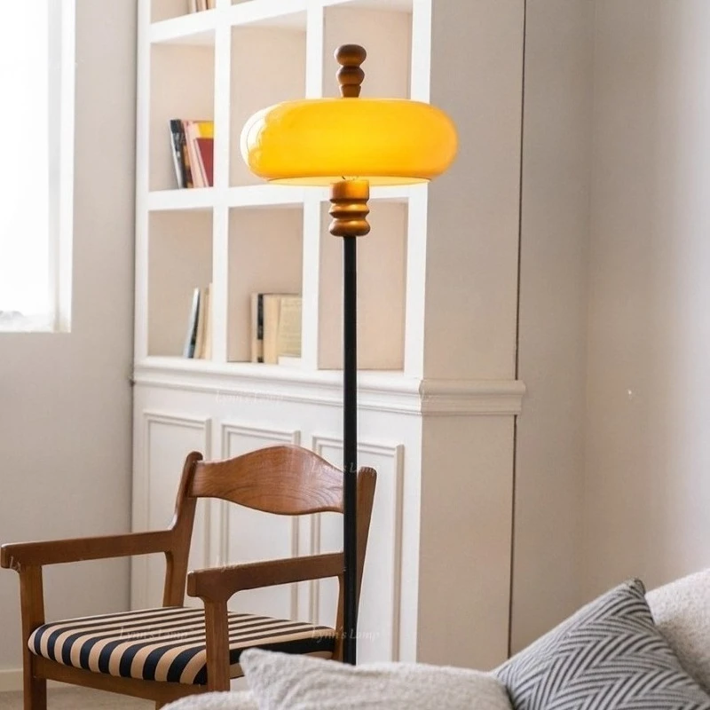 

French Vintage Iron Base LED E27 Floor Lamp Rotundity Glass Lampshade Living Room Bedroom Study Restaurant Wooden Standing Light