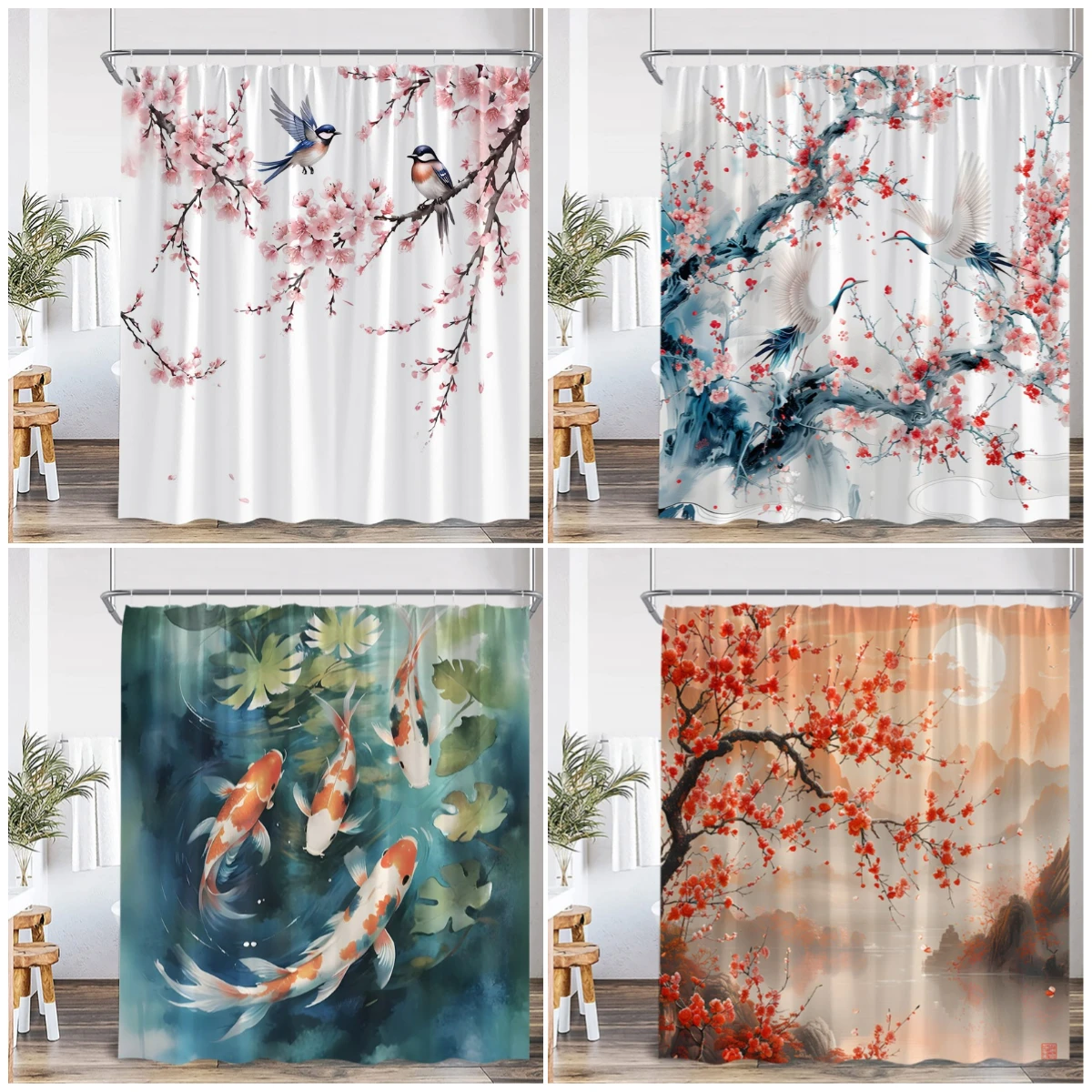 Japanese Style Shower Curtain Pink Cherry Blossom Floral White Crane Mountain Koi Carp Ink Scenery Modern Bathroom Curtain Decor