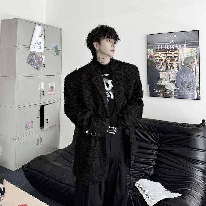 SYUHGFA Korean Style Lapel Suit Coat Male 2024 Autumn Solid Color Plush Surface Blazer High Street Men's Wear Jacket