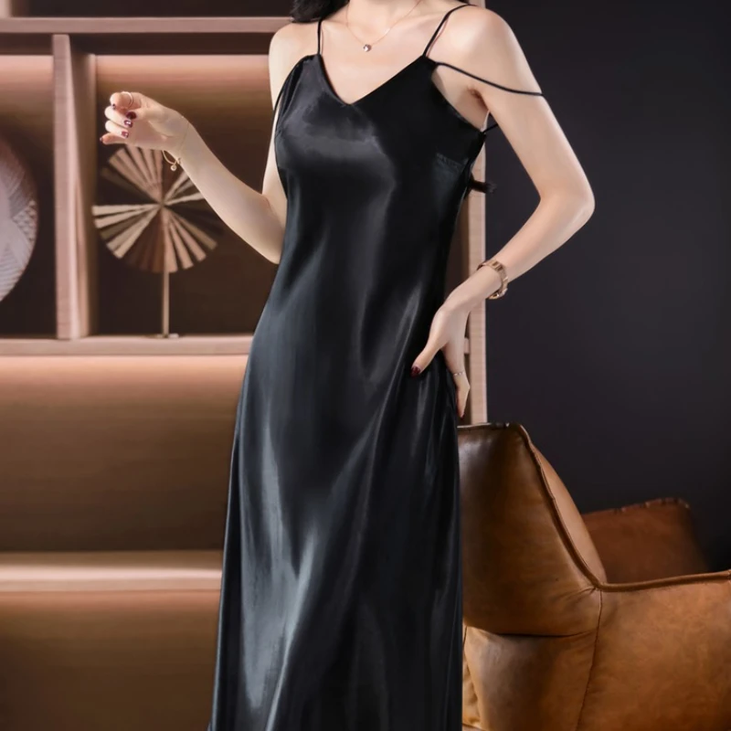V-neck Sexy Black Dress 2025 New Summer Satin Shoulder Straps Backless Dress Women's Suspender Dress Luxury Dresses for Women