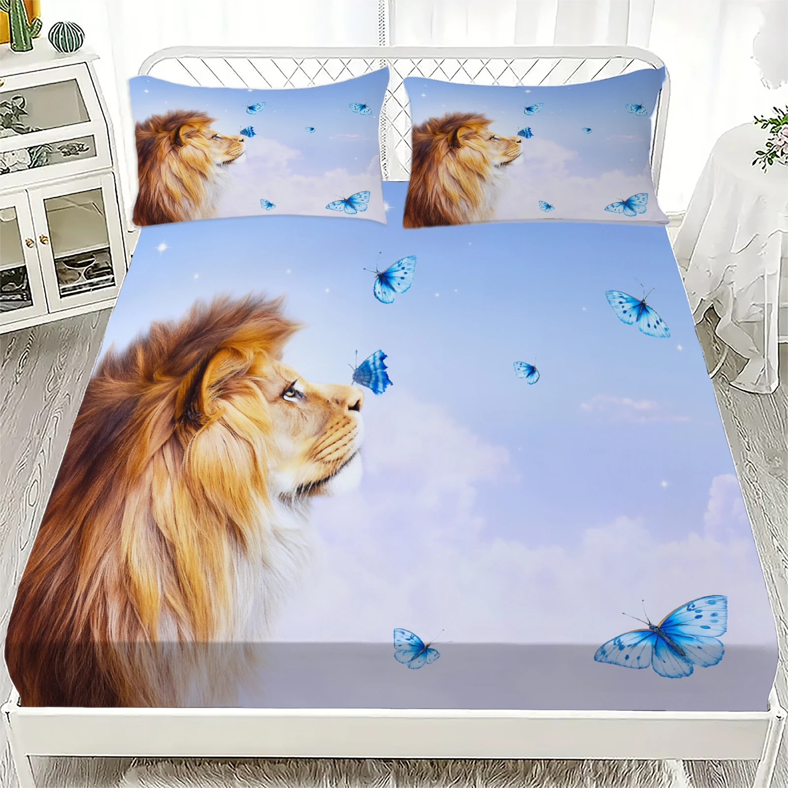 

Wild Animal Lion 3D Print Fitted Sheet Set 100% Polyester Mattress Covers Breathable Bedding Set Bedroom Decor 2 Pillowcase