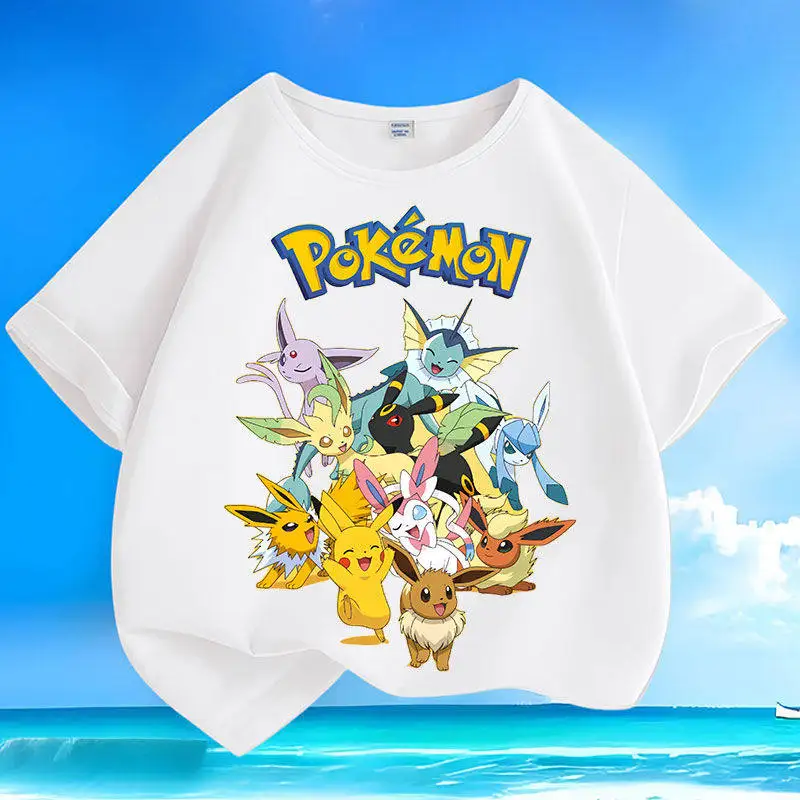 

2026 Summer Pikachu Style Kids Cotton T-Shirt Cartoon Print Boys Girls Loose Casual Short Sleeve Tops