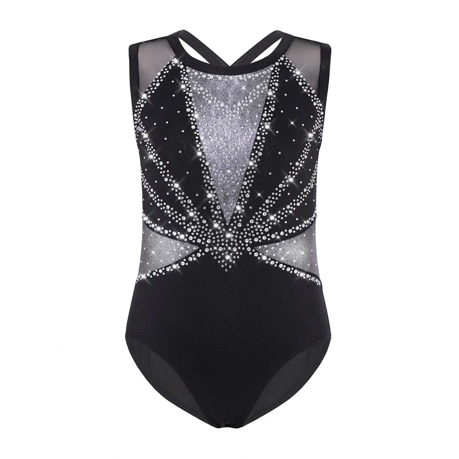 

Детский гимнастический купальник для акробатики и девочек с круглым вырезом, без рукавов, с перекрещивающейся спиной, блестящие стразы, боди с цветными блоками, танцевальная одежда