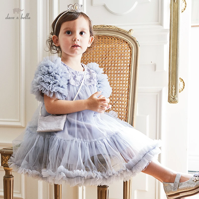 Dave Bella Gray Blue Princess Dress Party Birthday Dress Flower Girl Dresses Cute Children Baby Girls Dress DB2235427