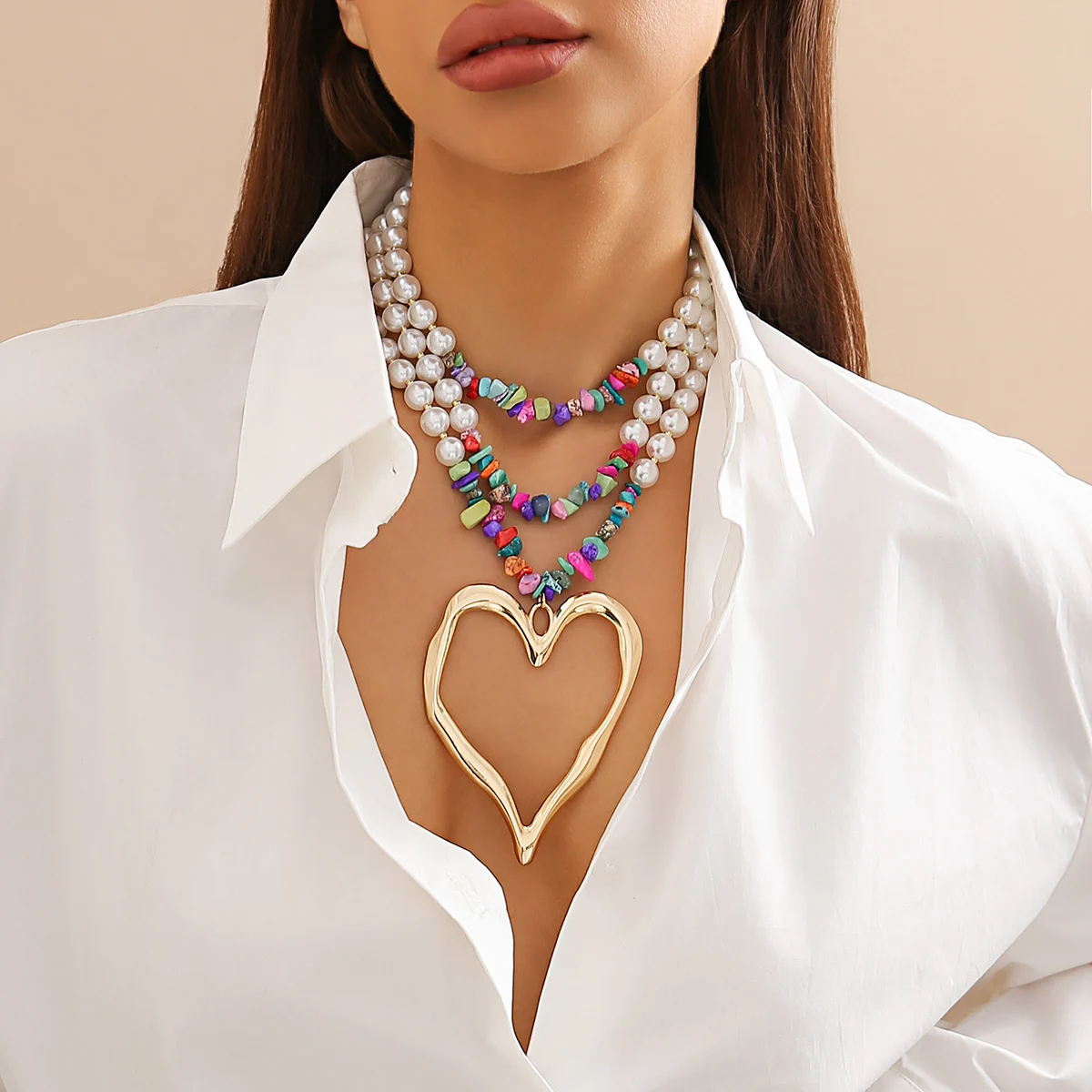 IngeSight.Z Exaggerated Multi-layer Imitation Pearl Large Peach Heart Pendant Necklace Women Bohemian Colored Stone Choker Neck