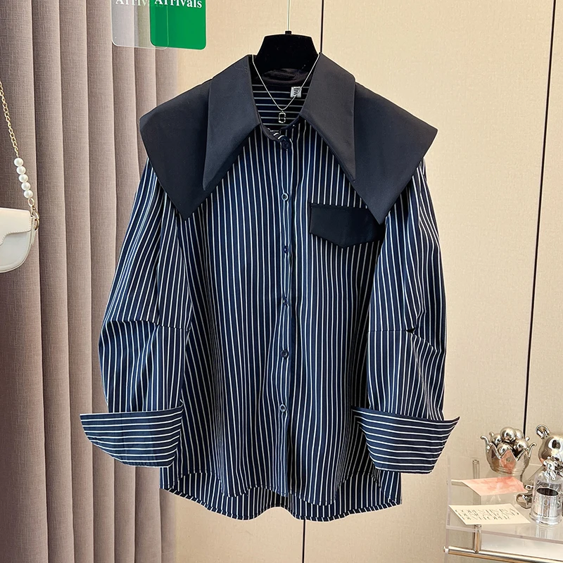 2024 Autumn Winter Women's Shirts Patchwork Striped Lady Blouse Sailor Collar Casaul Female Tops Long Sleeve Clothing KE3201