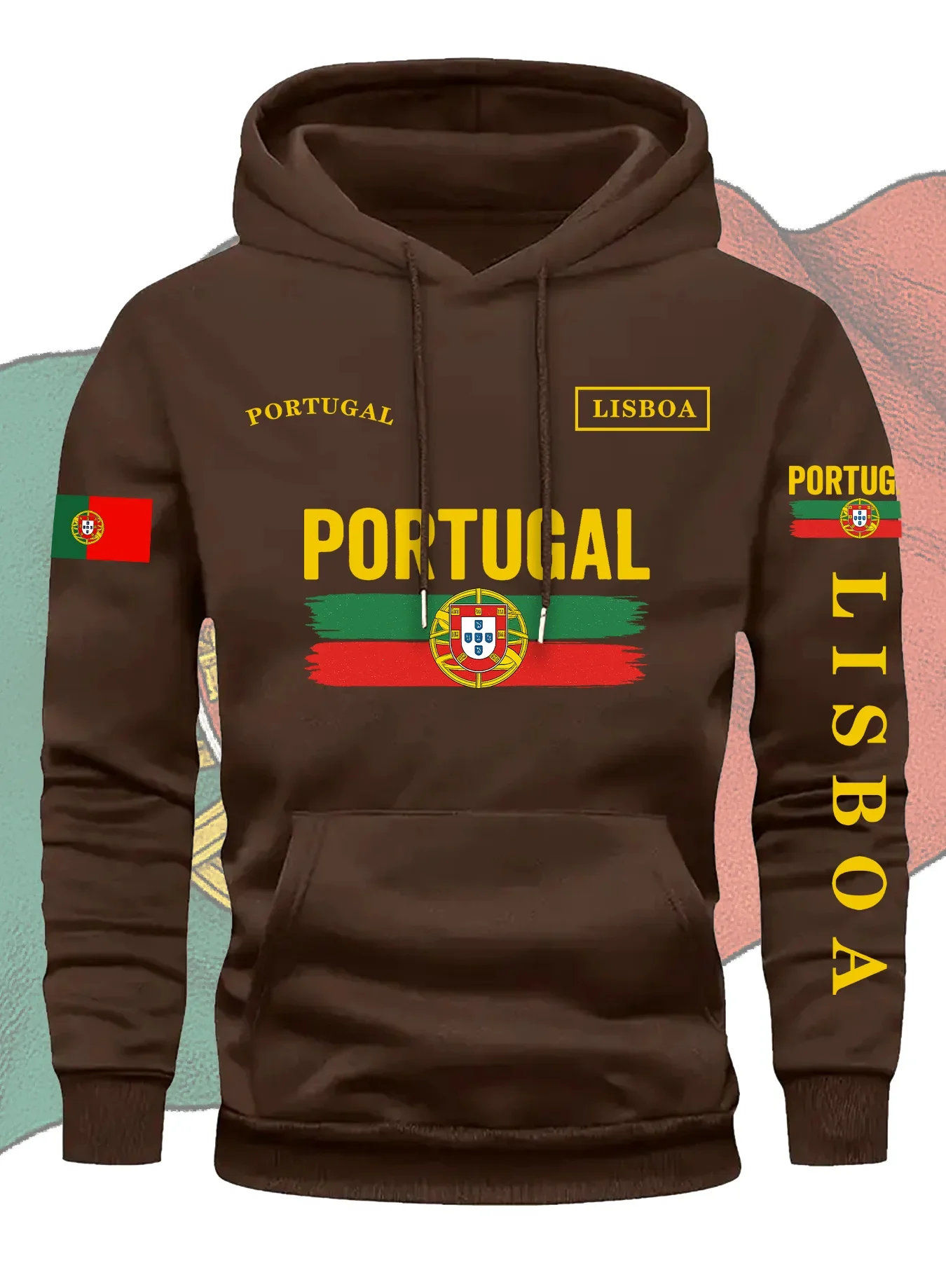 [Portugal Flag Graphic Hoodie] Polyester Blend Men's Green Portugal Flag Graphic Hoodie - 