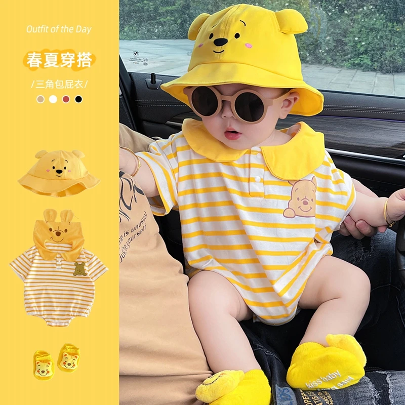 Fashion Newborn Baby Rompers Sock Hat 3pcs Set Summer Clothes Cartoon Pooh Bear Boys Girls Jumpsuit Infant Short Sleeve Bodysuit