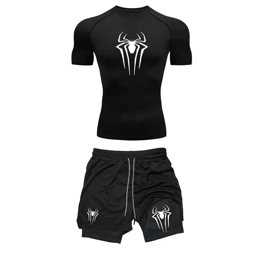 Men's Workout Compression Set Y2K Spider Printed Gym Tshirts Breathable Running Shorts Quick Dry Sports Rash Guard Sportwear Set image 6