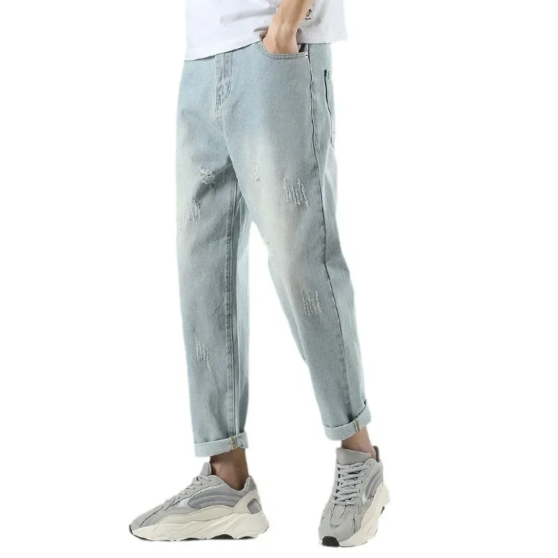 

Удобные простые джинсы свободного кроя, мужские джинсовые брюки из чистого хлопка, широкие брюки, повседневный стиль для молодежи