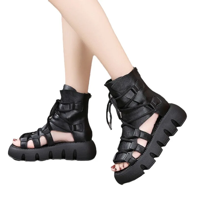 Women's leather boots platform high top Roman shoes cool boots strap hole shoes European and American retro hollow sandals