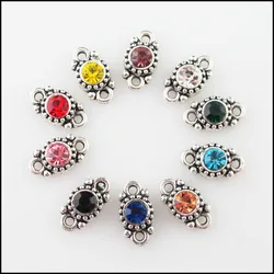 Fashion 30Pcs Mixed Crystal Tibetan Silver Plated Round Flower Charms Connectors 6.5x11.5mm