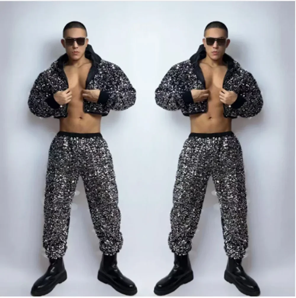 

Adult Men Hip Hop Dancewear Silver Sequins Jacket Pants Singer Performance Costume Nightclub Bar Dj Gogo Dancer Outfit