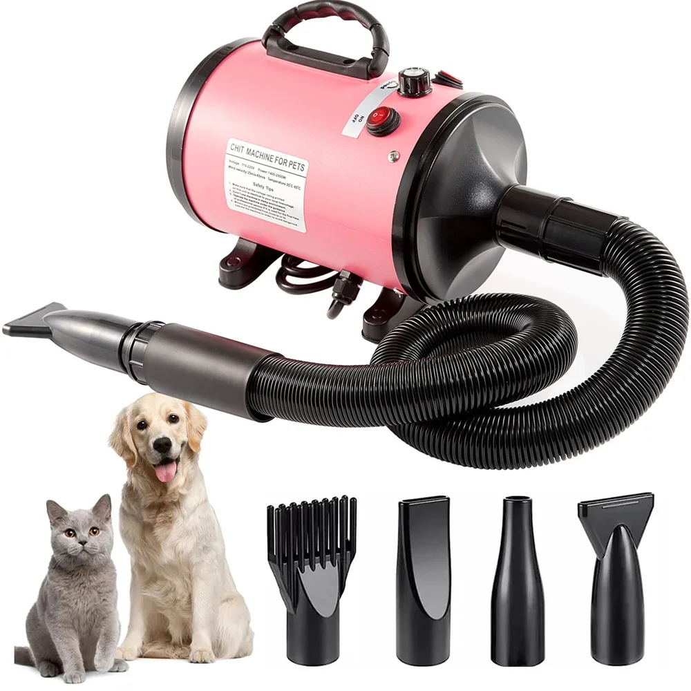 

2800W Pet Dryer Adjustable Speed Dog Cat Blower Force Dryer with Stepless Grooming Blower with 4 Different Nozzles for Dogs Pets