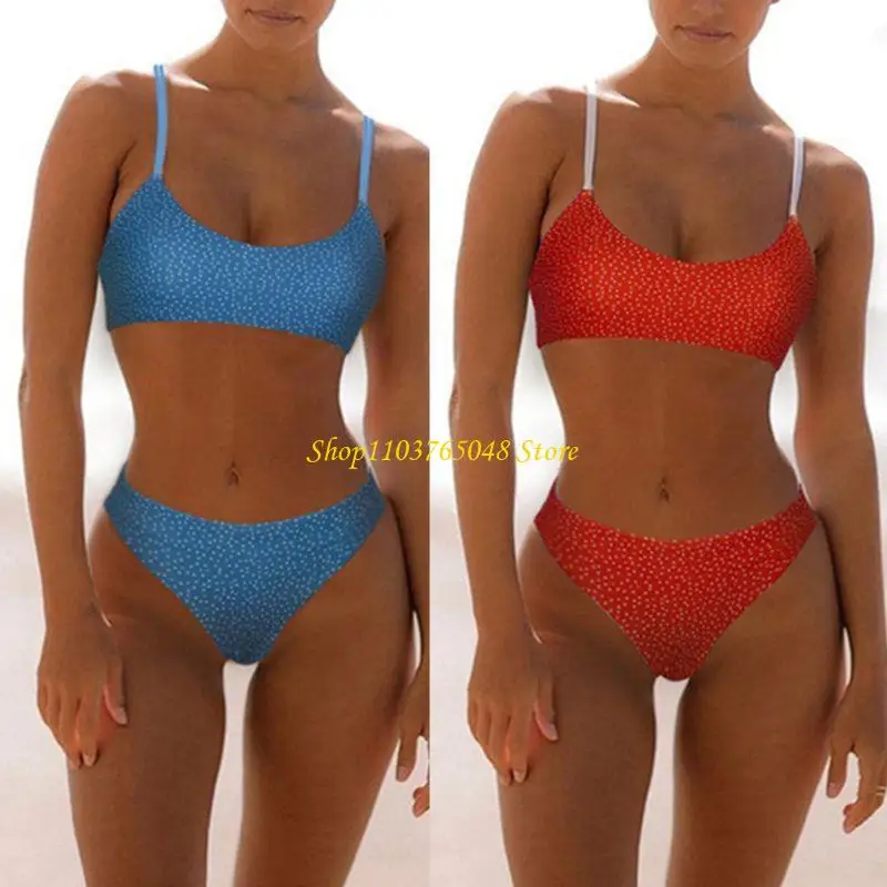 R53E Women Polka Dot Printing Swimwear Padded Push up 2 Piece Sets Swimsuits Beautiful Back Lanyard Outdoor Beach Suit
