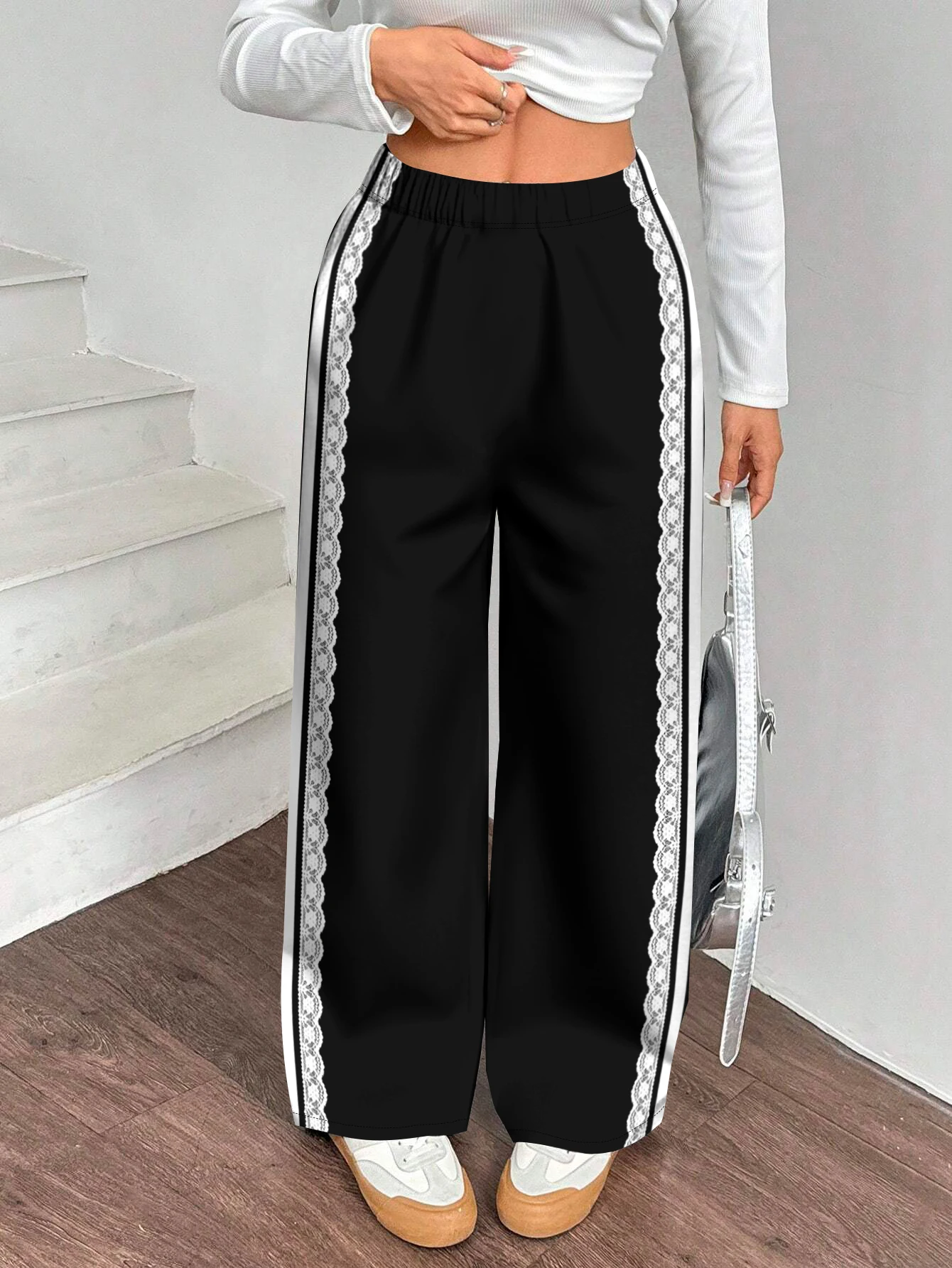 

Y2K Lace Trim Wide Leg Pants Plus Size, High Waist Flowy Palazzo Trousers, Chic Drape Slimming Slacks for Streetwear