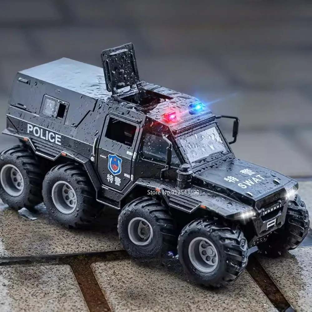 1/24 Shaman 8x8 ATV Police Car Model Toy Alloy Diecast Doors Opened Sound Light Shock Absorption Off-road Models Gifts for Boys