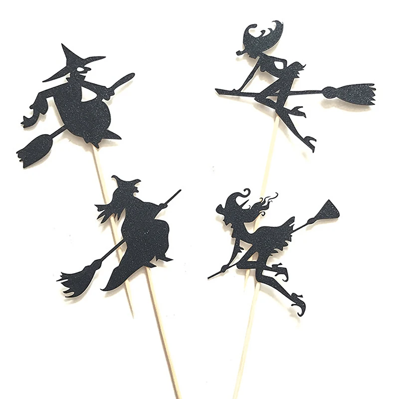 4Pcs Halloween Cupcake Toppers A Witch Ride On a Broomstick Cake Inserted Card For Kids Birthday Cake Decor Halloween Supplies