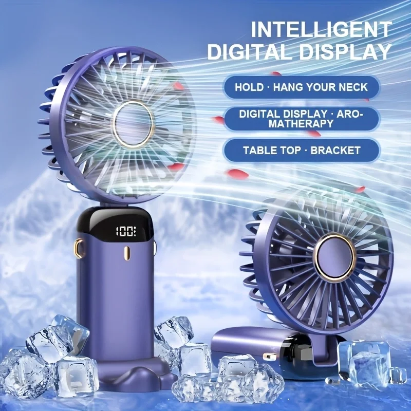 

Mini Portable Handheld Fan Foldable Neck Hanging Fans 5 Speed USB Rechargeable Fan with Phone Stand and Display Screen Fans