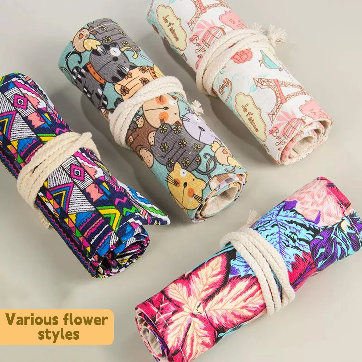 Handmade Canvas Pen Curtain 12/24 Holes Kawaii Pencil Bag Student Colored Pencil Brush Stationery Storage Bag Cosmetic Bag