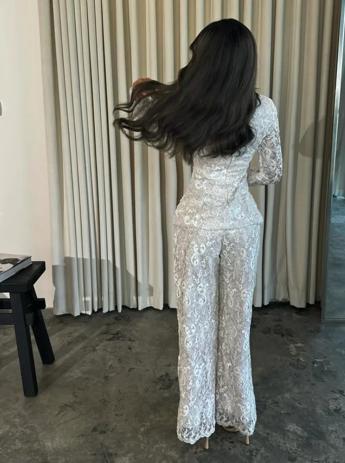 발목 길이 두 조각 점프 슈트 댄스 파티 드레스 전체 레이스 Peplum 긴 소매 이브닝 갈라 가운 정장 Pastrol Unis 맞춤형