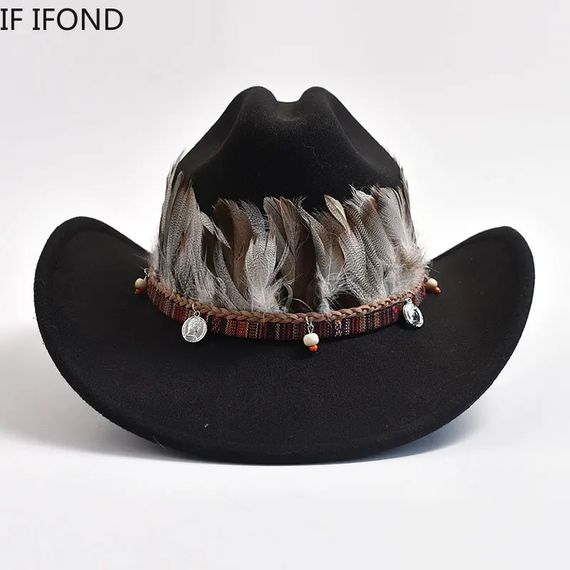 New Vintage Feather Decoration Western Cowboy Hats for Men Women Fashion Wide Brim Church Jazz Hat Sombrero Hombre Caps