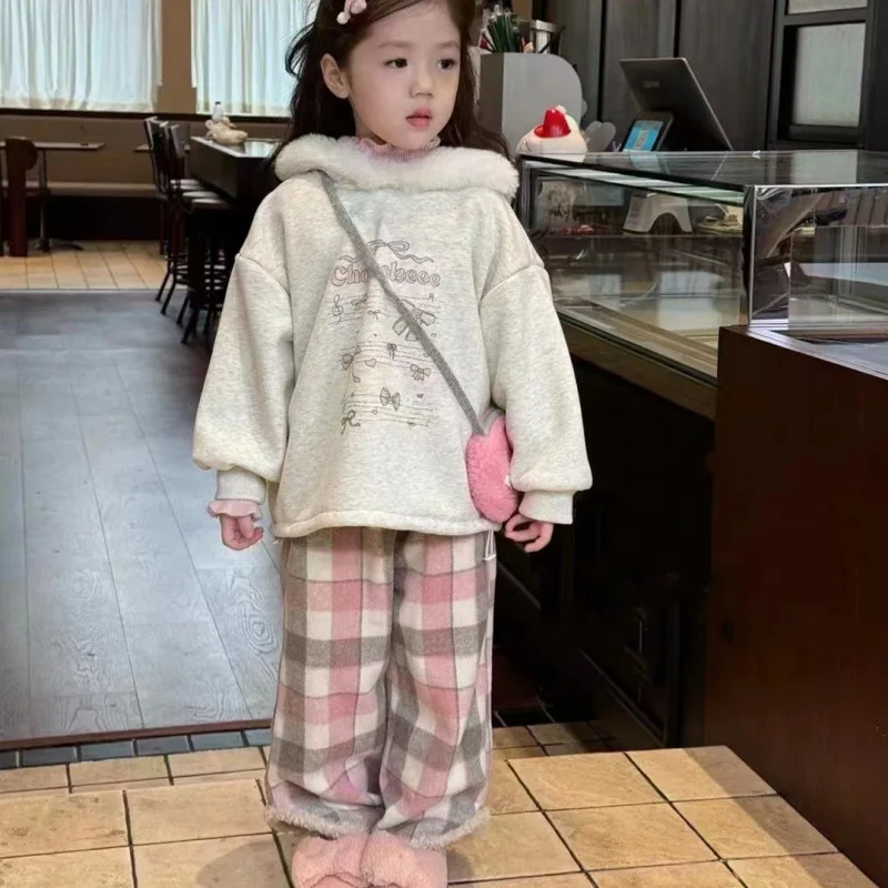 

01-Children's Clothing2025Autumn Winter Girls' Gray Fleece Sweatshirt Set Baby Girl Autumn Plaid Casual Long Pants Trendy
