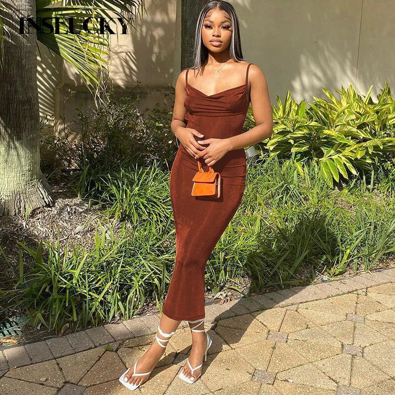 

InsLucky Sexy Beach Pile Collar Women Dress Spaghetti Strap Backless Folds Sleeveless Slim Bodycon Chic Elegant Maxi Dresses