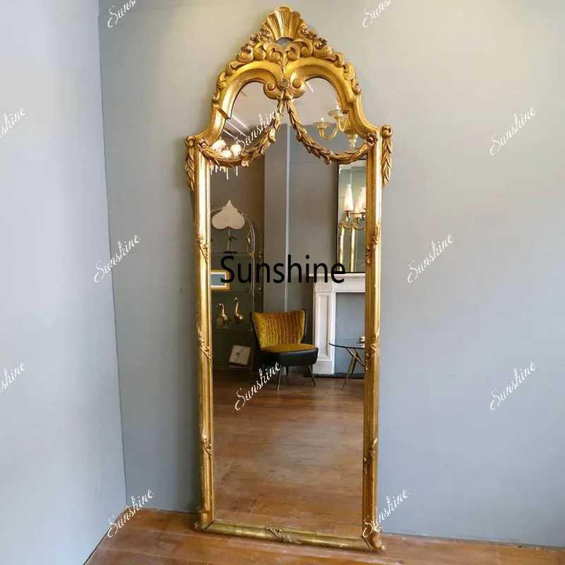 European retro carved floor-to-ceiling full-body mirror, gold wall-mounted clothing store large mirror