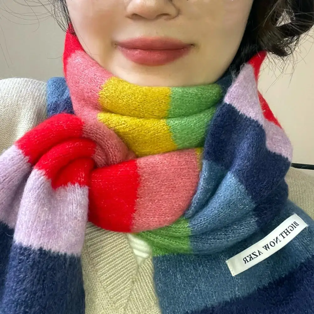 

Women Harajuku Y2K Rainbow Striped Knitted Scarf Long Scarves Soft Pashmina Shawl Wraps Fashion Korean Winter Thicken Warm Scarf