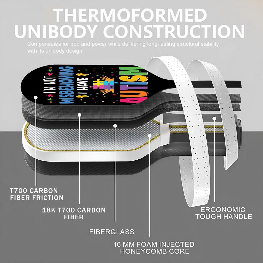 Головоломка с поддержкой аутизма Pickleball Paddle T700, цельный корпус из углеродного волокна, термоформованный сотовый сердечник 16 мм, сумкой и лентой для захвата