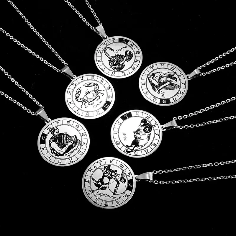 Zodiac Necklace Stainless Steel Silver Color Leo Capricorn Taurus Sagittarius Constellation Necklace Pendant Birthday Gift