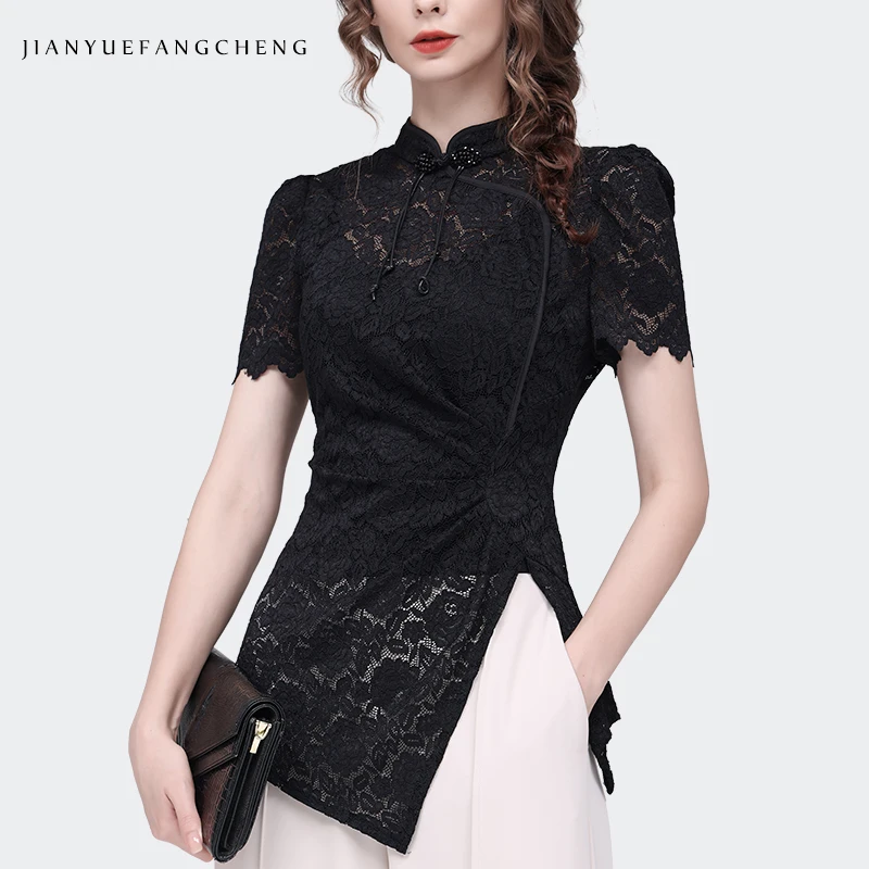 Vintage Chinese Style Women Short Sleeve Lace Tops Sexy Skinny Stand Collar Hollow Out Cinch Waist Casual Shirts Floral Blouses