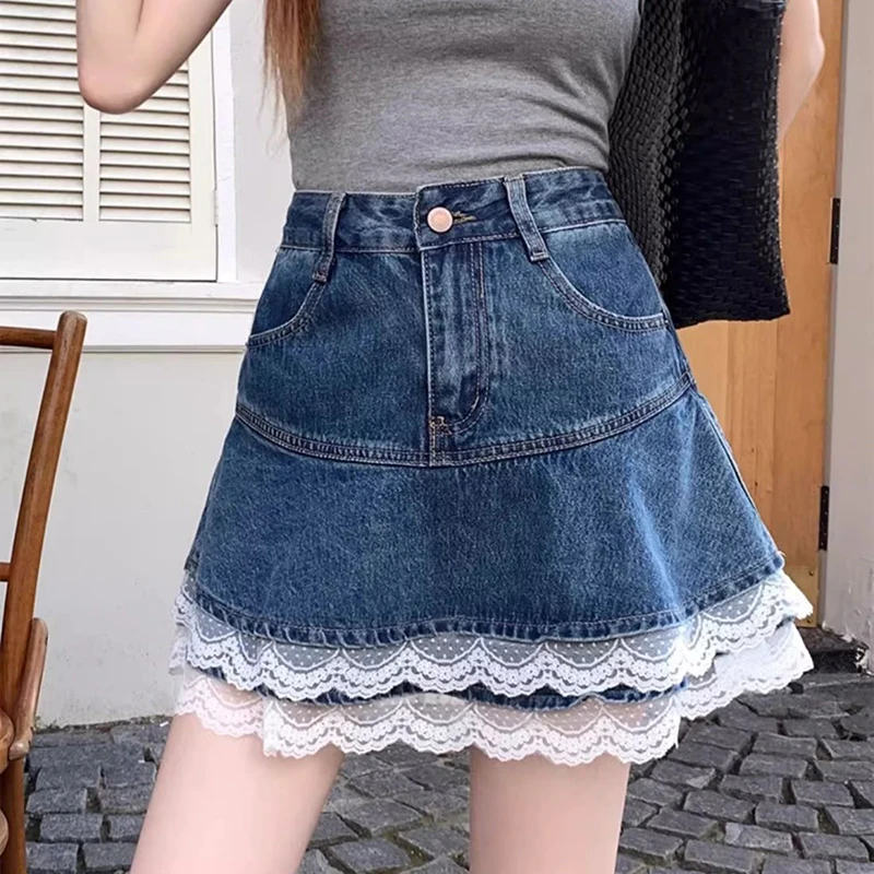 

Korean Fashion Lace Denim Skirt Oversize Women Patchwork Casual Cake Mini Skirts Summer High Waist Solid Simple Vintage Skirts