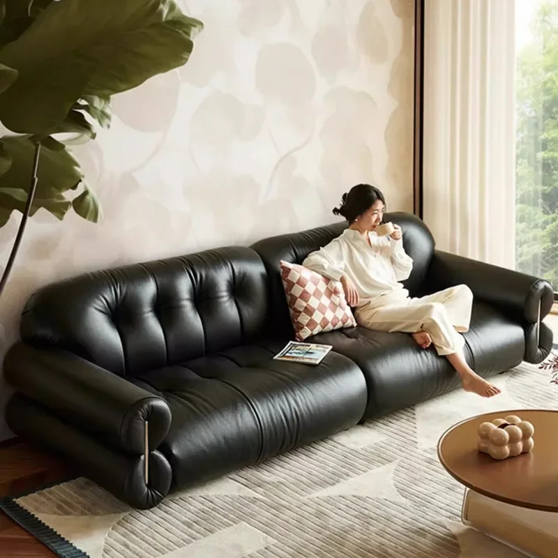 French retro, leather sofa big black cow, medieval black first layer cowhide, straight row American sofa, three-person sofa