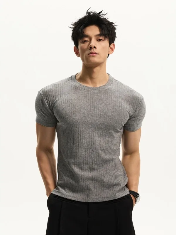 American Style Short Sleeve T-Shirt Men's Summer Casual Fitness Slim Fit Elastic Top round Neck Cool Feeling Polyester Fiber