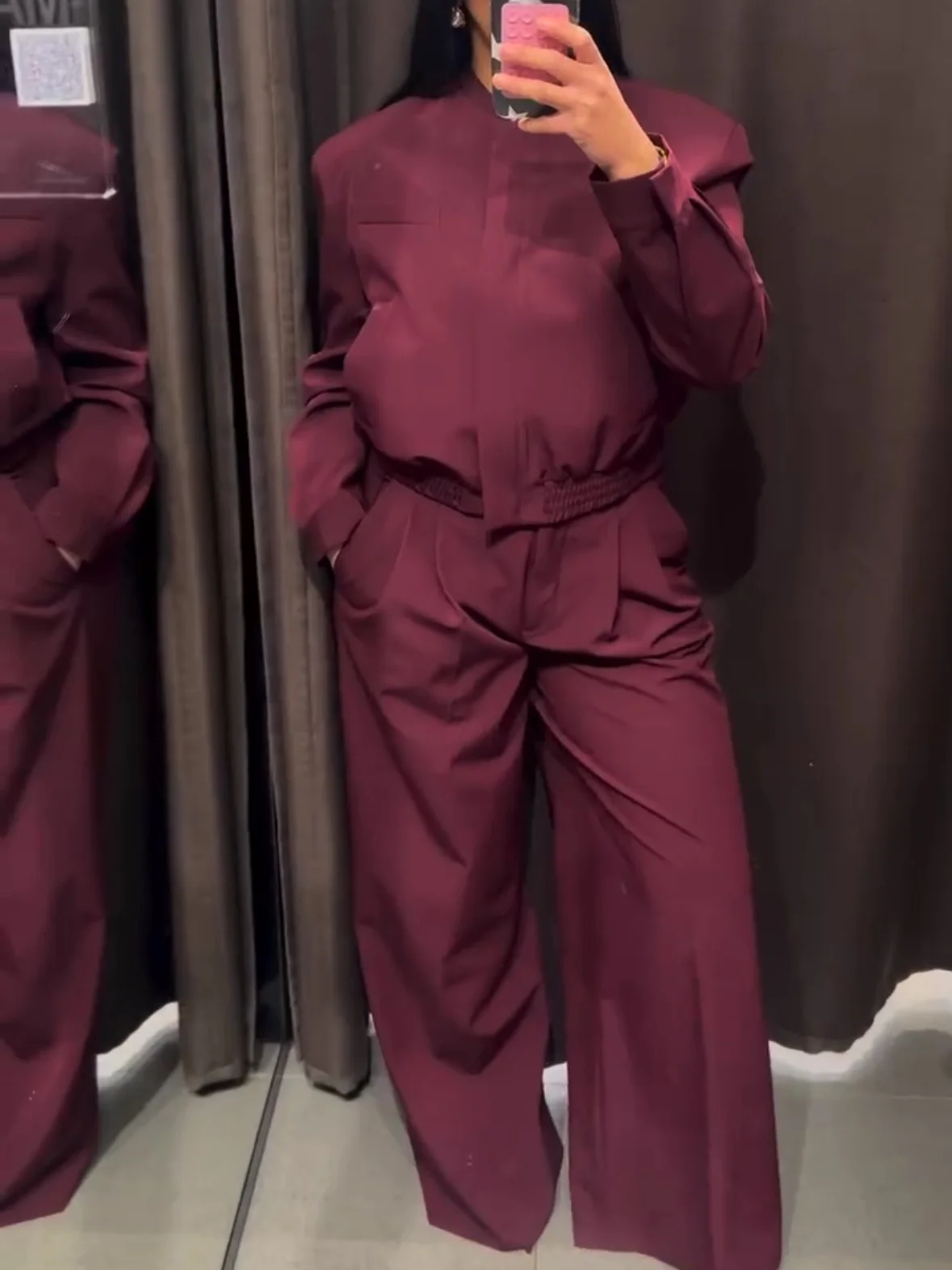 

Women Fashion Suits Solid O-Neck Long Sleeves Pockets Zipper+High Waist Loose Pants Female Spring Streetwear Style Set