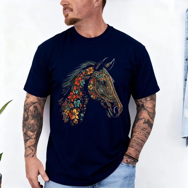 

Horse Artwork Flowers - Colourful Riding Animals Horse Cotton T-Shirt Men and Women Crew Neck Soft Casual Outdoors Fashion Tees