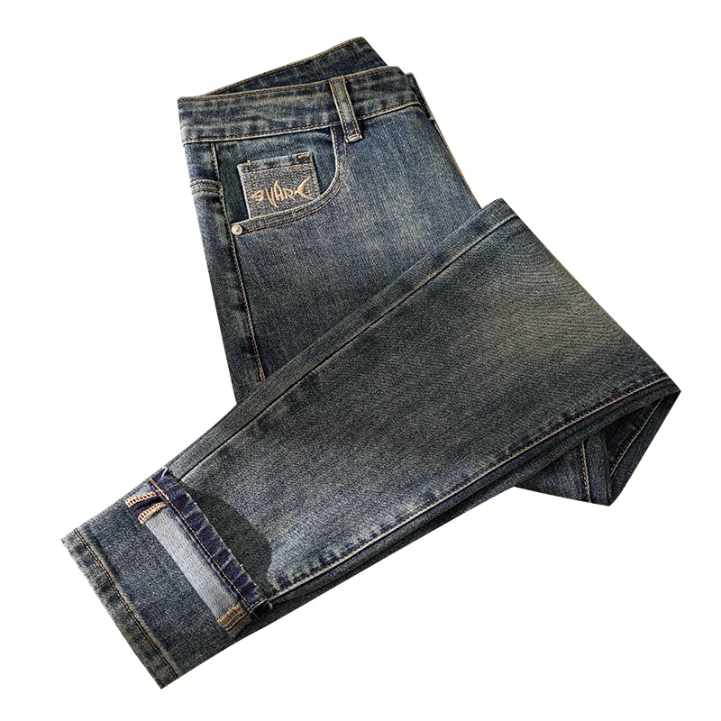 Pantalones vaqueros Vintage ajustados para hombre, moda urbana, alta gama, industria pesada, lavados, ajustados, rectos, pequeños, nostálgicos, largos, de moda