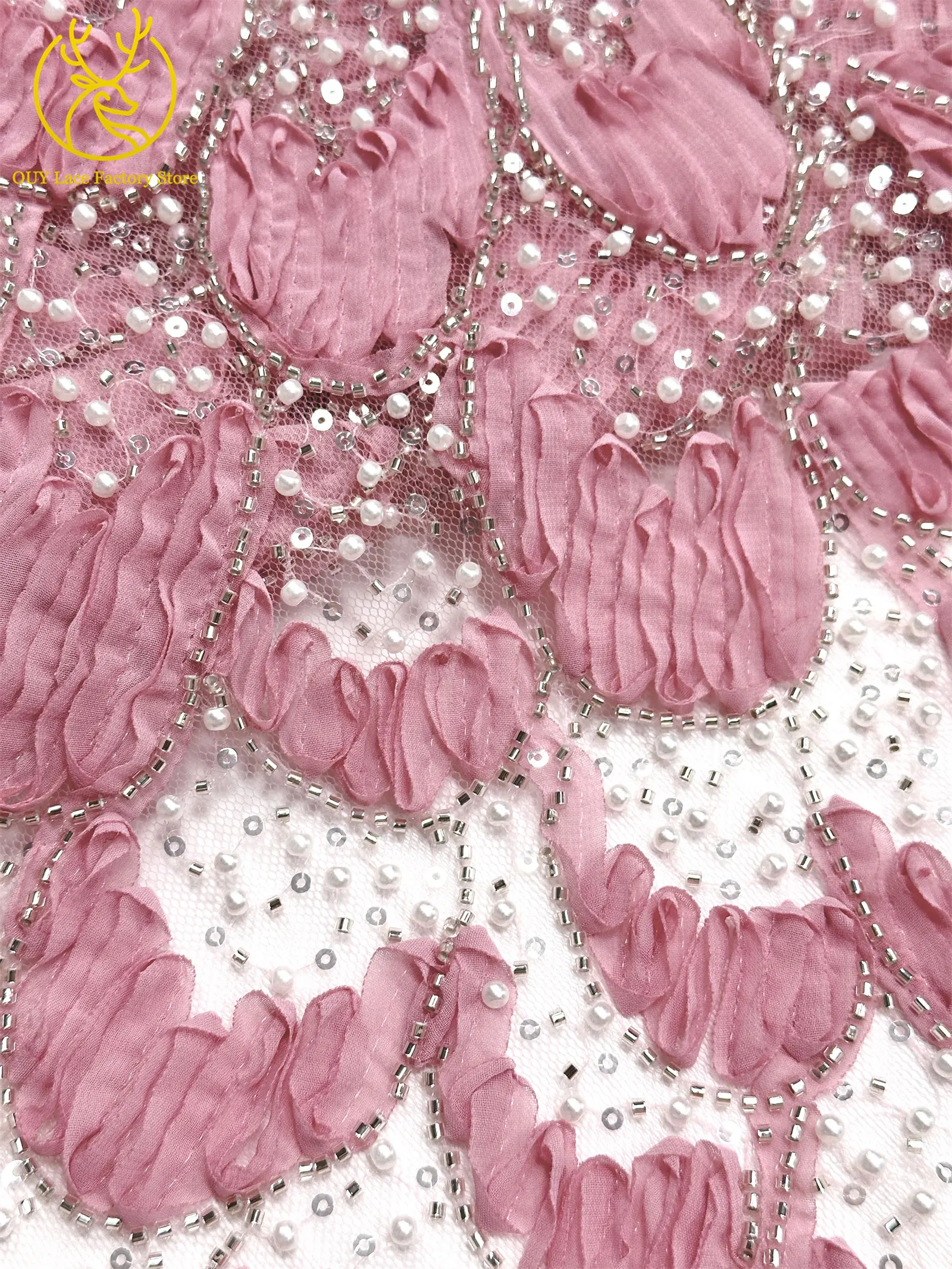 Rosa Modischer Französischer Pailletten-Tüllstoff 2026 Hochwertiger Afrikanischer Perlen-Spitzenstoff Nigerianischer Netzstoff für Hochzeiten – Detail 15