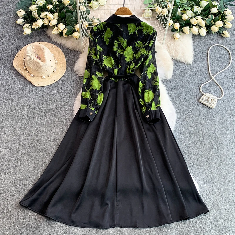 French style retro mesh printed dress women light luxury satin splicing waist cinching and slimming big swing long skirt