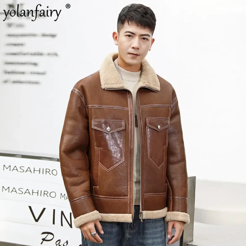 Original Leather and Fur Integrated Coat Men's Sheep Shearling Coats Reversible Natural Fur Jackets for Men Winter Jacket Thick