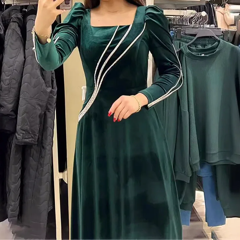 Women Dress Elegant Long Party Dresses Square Collar Hot Drilling Long Sleeve Spring A Line Vestidos Slim Prom High Waist 2024