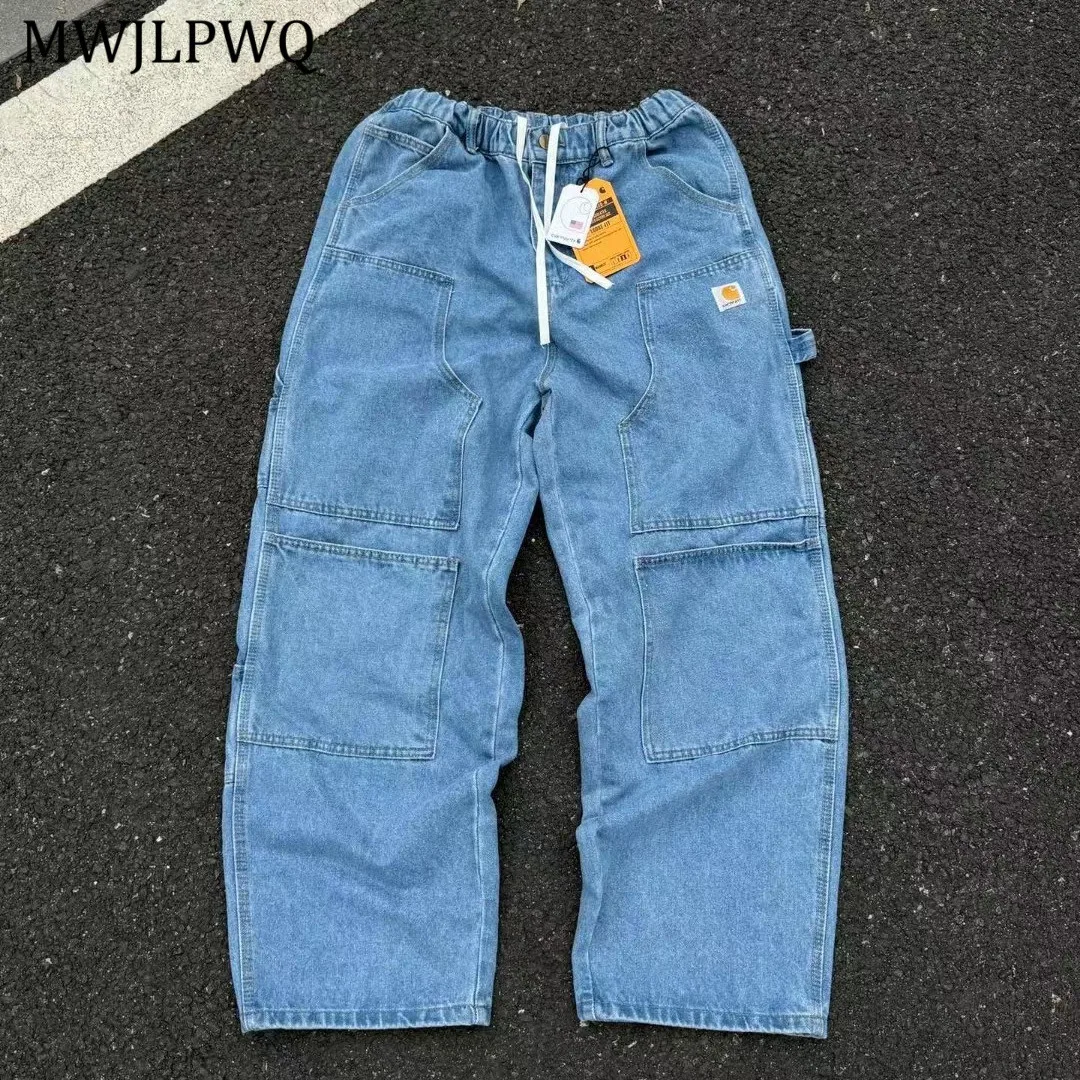 

MWJLPWQ High Street Multi-pocket Design Spliced Jeans Men's Japanese Style Double Knee Workwear Loose Casual Wide Leg Pant 11243