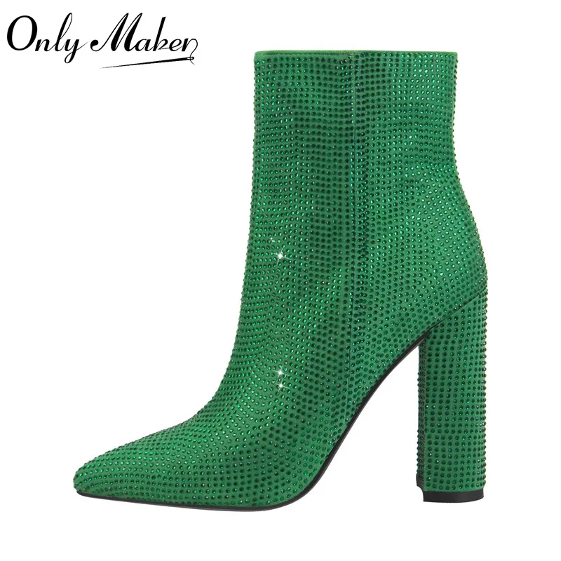 Onlymaker Women Pointed Toe Zipper Square Heels Boots Luxury  Rhinestones Bling Fashion Party Dress Big Size Lady Ankle Boots