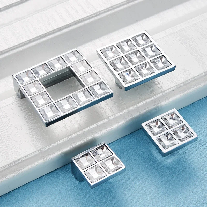 Crystal Glass Knobs Cabinet Handles Silver Crystal Cupboard Pulls Drawer Knobs Kitchen Furniture Handle Hardware