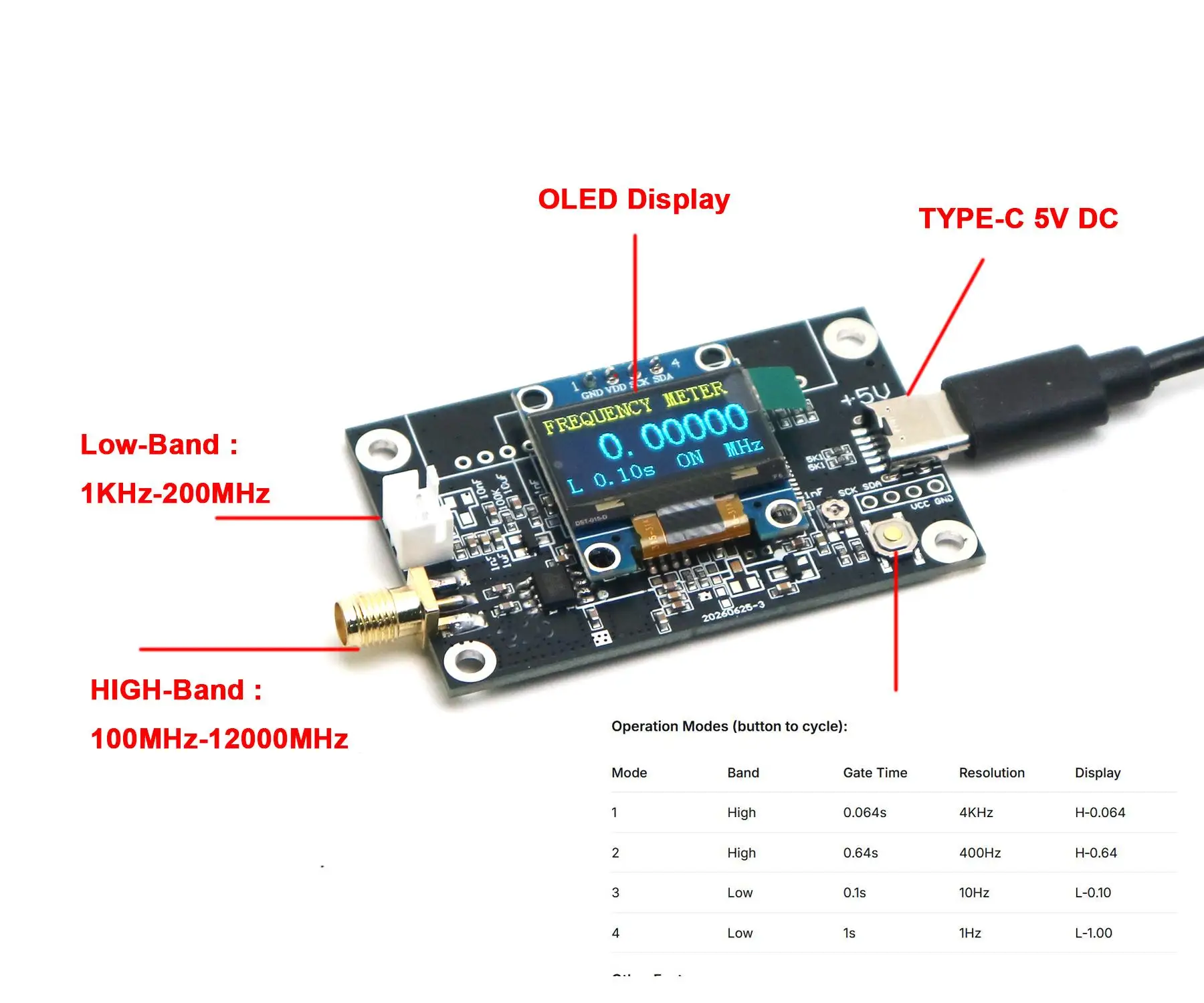 OLED 1KHz-12GHz RF Frequency Counter Tester Low High 7bit Digital Frequency METER SMA Signal Measurement Ham Radio Cymometer